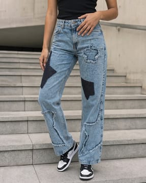 Shein Shein Women Full Length Frayed Star Patch Detail Acid Wash Jeans