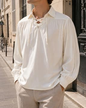 Shein Men Spread Collar Criss Cross Lace Tie Up Shirt-picture-16