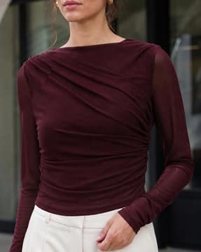 Shein Shein Women Asymmetrical Neck Sheer Mesh Full Sleeve Ruched Top