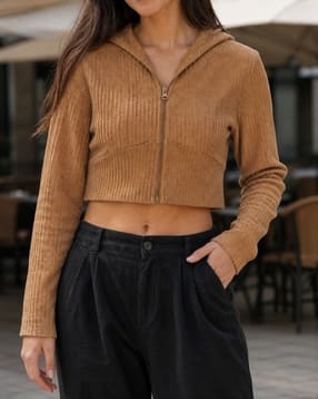 Shein Women Full Sleeve Ribbed Zip-Up Crop Hoodie-picture-13