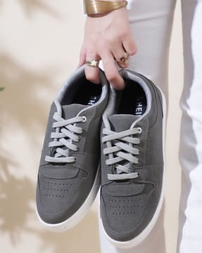 Shein Shein Women Round Toe Perforated Detail Lace Up Court Sneakers