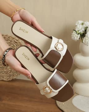 Shein Shein Women Square Toe Buckle Wide Strap Slip On Sandal