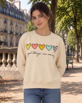 Shein Shein Women Full Sleeve Heart Chest Print Crew Sweatshirt