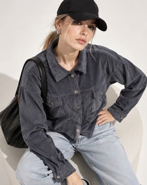 Shein Shein Women Drop Shoulder Ribbed Buttoned Corduroy Shacket