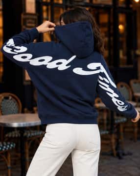Shein Women Drop Shoulder Typographic Placement Print Hoodie-picture-52