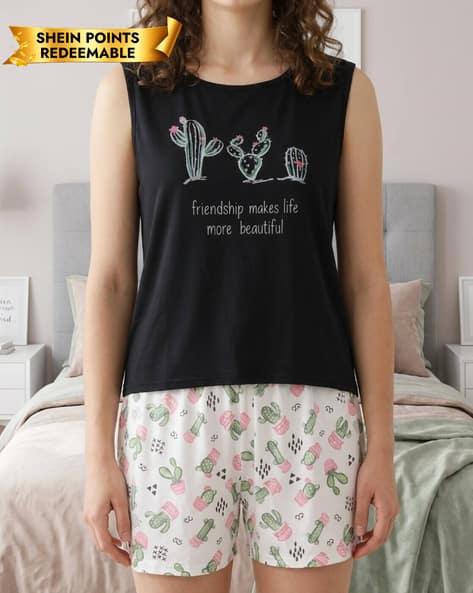 Shein Shein Women Relaxed Fit Sleeveless Graphic Print Tshirt and Shorts Set